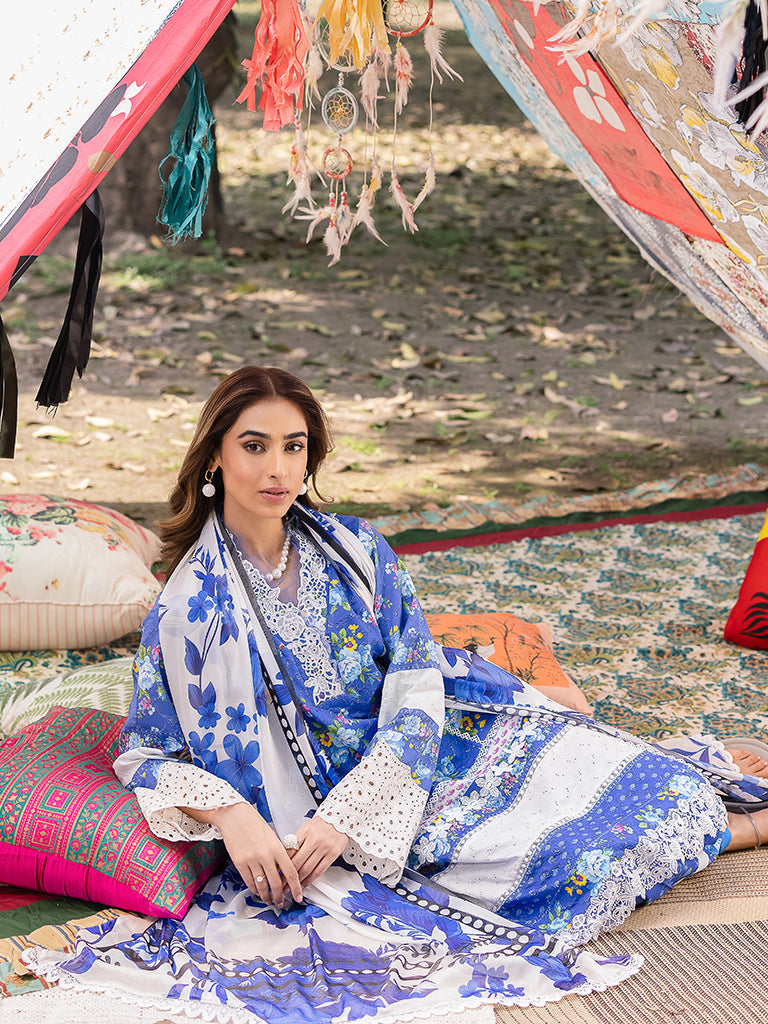 Rajbari | Schiffli Printkari Exclusive | Schiffli Printkari - 06 L Peacock Blue Lawn