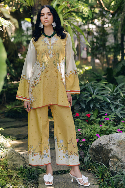 Qalamkar | Printed Co Ords 25 | OP-04 Tena XS Pale Yellow Cotton Silk