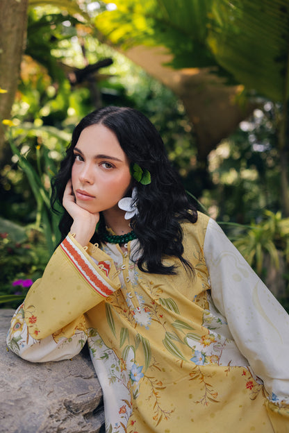 Qalamkar | Printed Co Ords 25 | OP-04 Tena M Pale Yellow Cotton Silk