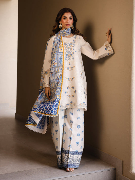 Faiza Faisal | Marine Luxury Lawn 25 | MIRHA XS White Long Shirt with Shalwar