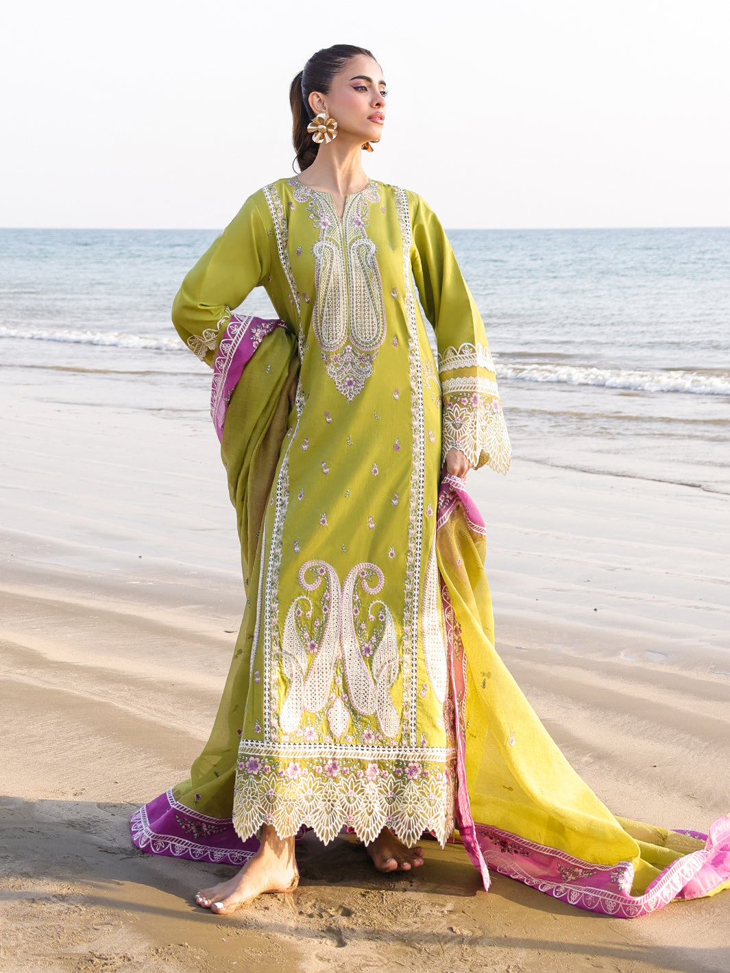 Faiza Faisal | Marine Luxury Lawn 25 | HINA S Parrot Green Lawn