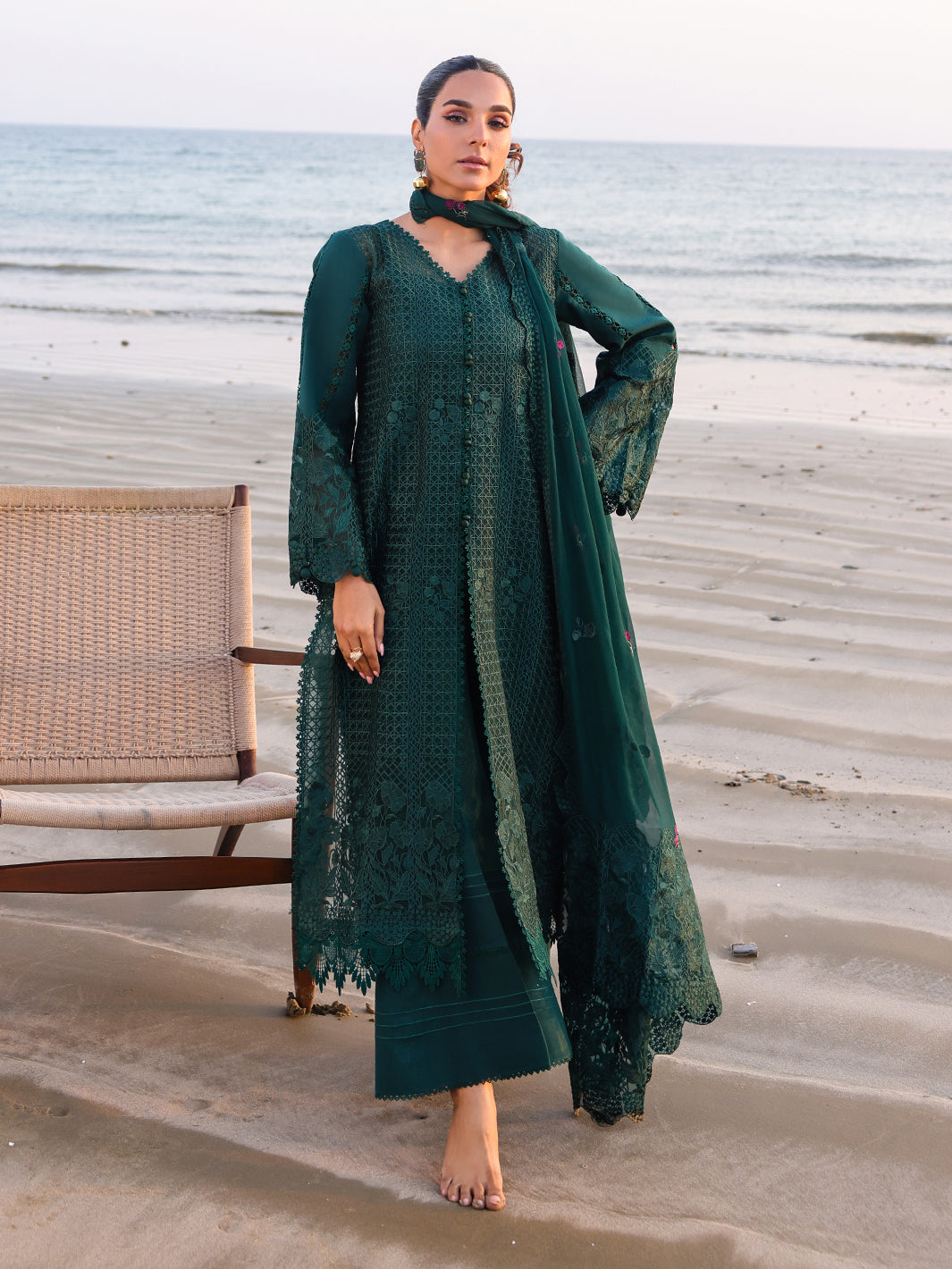 Faiza Faisal | Marine Luxury Lawn 25 | SOPHIA XS Bottle Green Lawn
