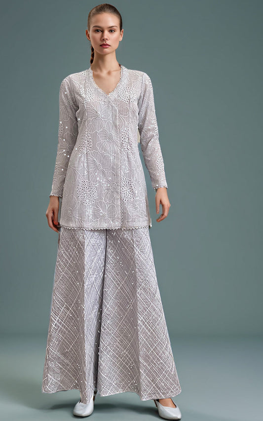 Threads and Motifs | Formal Dresses 25 | Chiffon Chikankari Embroidered Angrakha with Net embroidered trouser - Pakistani Designer Dress - by Threads and Motifs - Type : Ladies Clothes - 100% Original at Saira Sultan