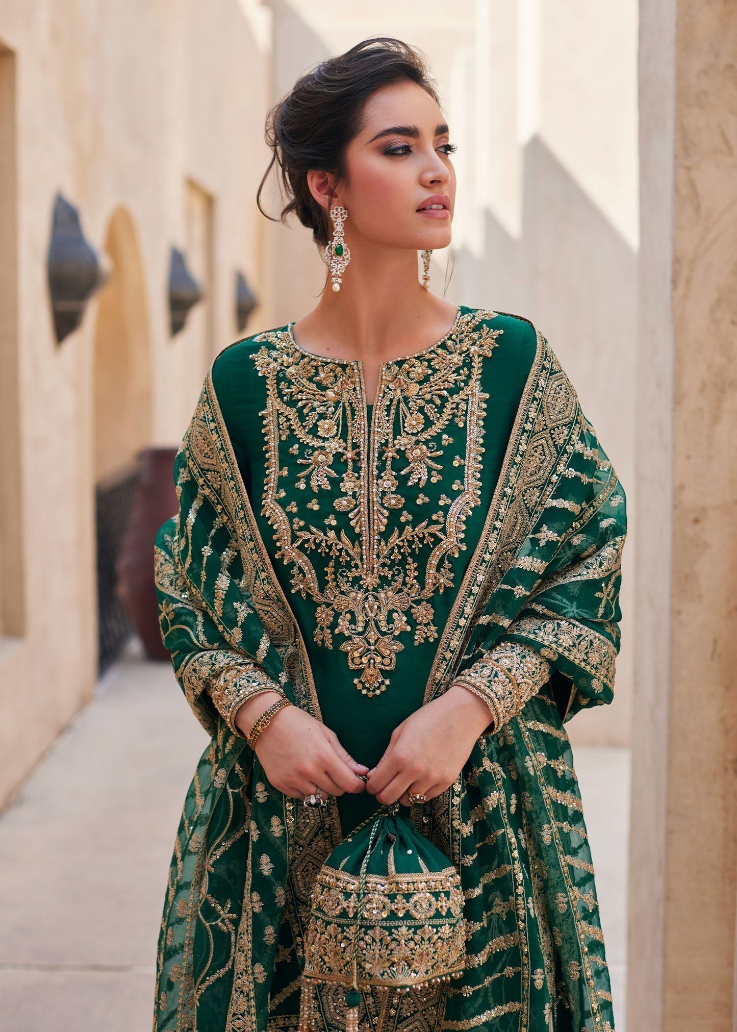 Kanwal Malik | Laira Formals | Zyra L Bottle Green Korean Silk