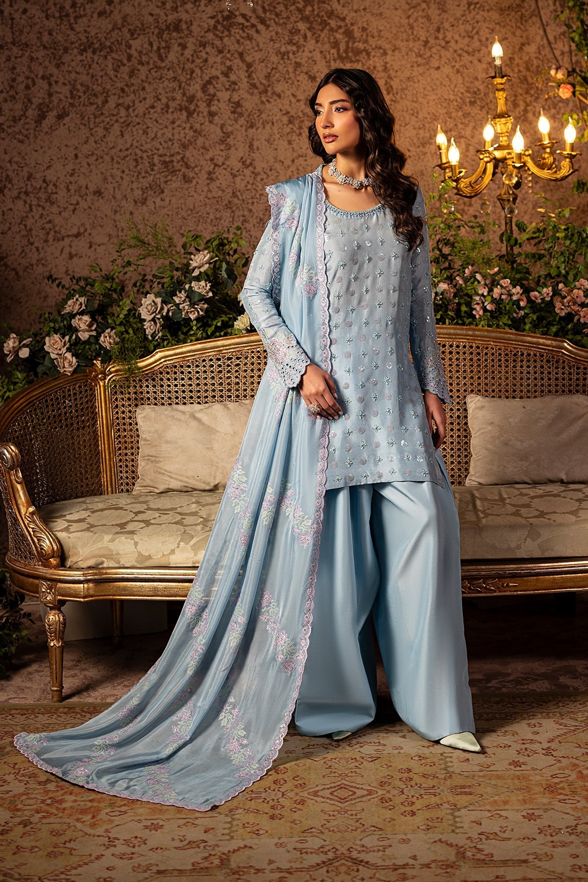 Mina Kashif | Loona Lawn 25 | Sapphire XL Light Blue Gray Pure Tussar Silk