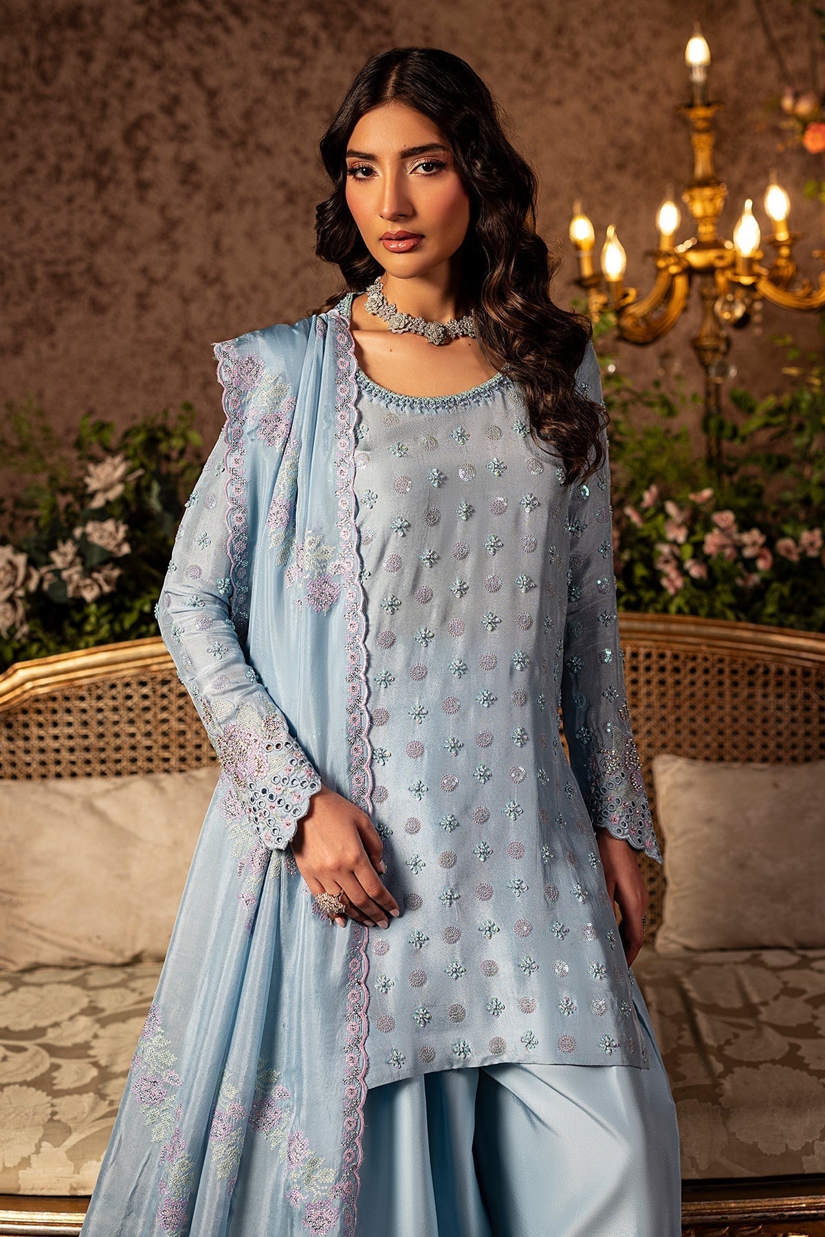 Mina Kashif | Loona Lawn 25 | Sapphire L Light Blue Gray Pure Tussar Silk