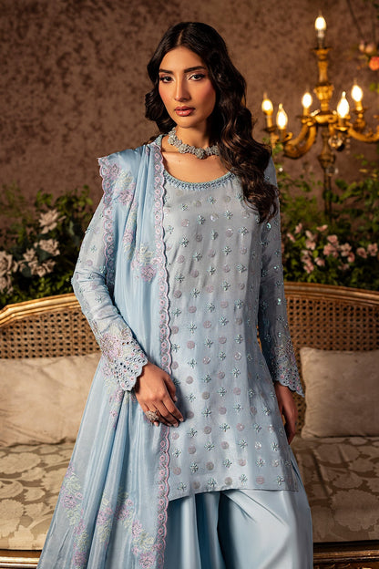 Mina Kashif | Loona Lawn 25 | Sapphire L Light Blue Gray Pure Tussar Silk