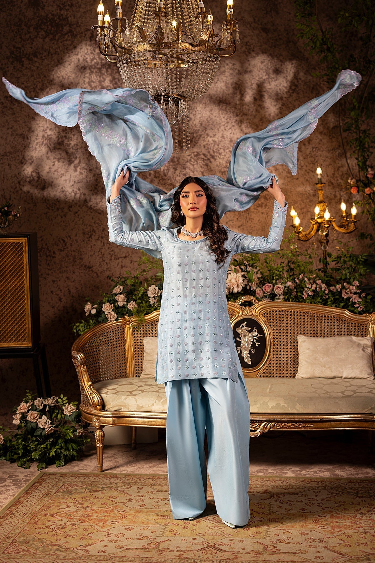 Mina Kashif | Loona Lawn 25 | Sapphire Custom Size Light Blue Gray Pure Tussar Silk