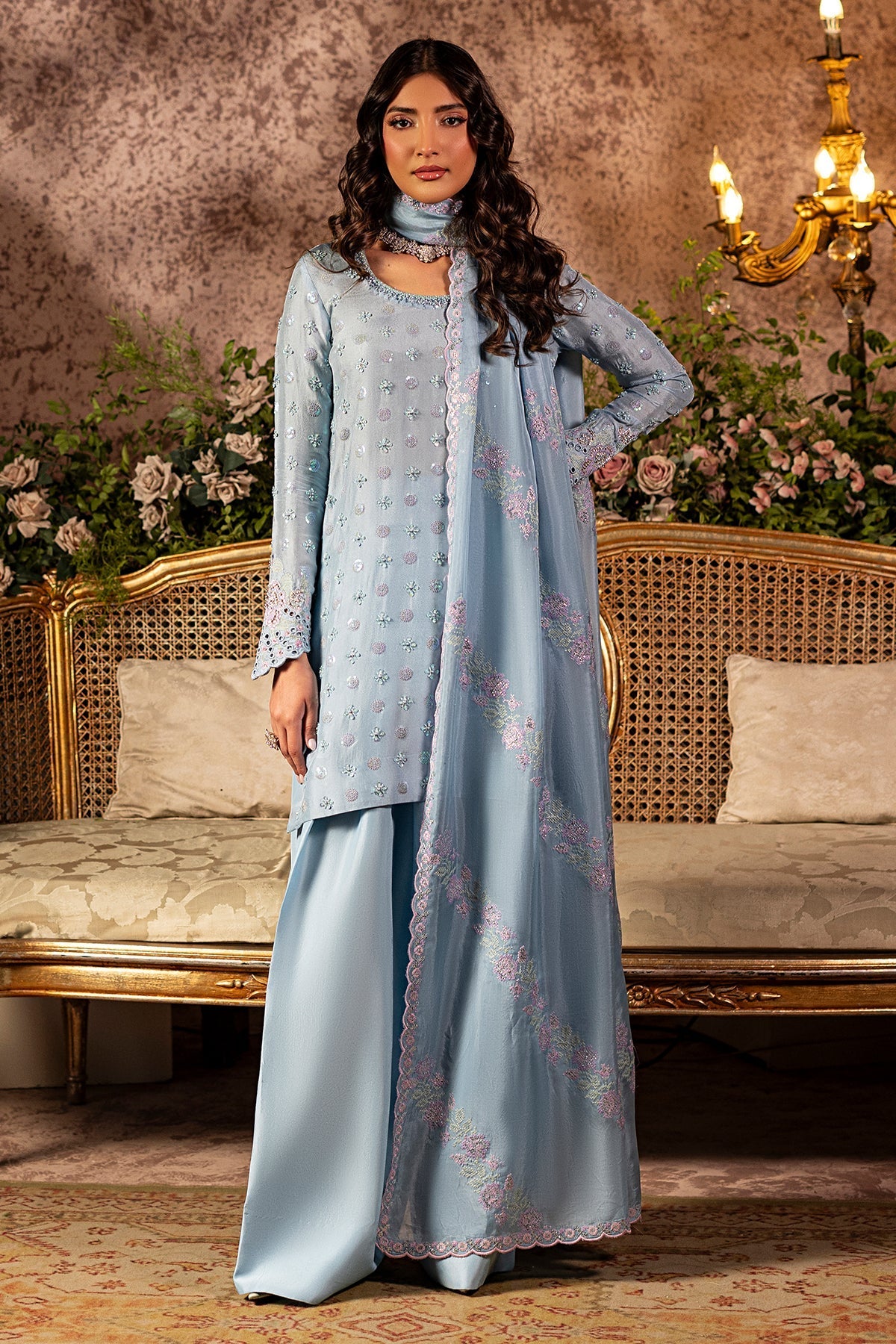 Mina Kashif | Loona Lawn 25 | Sapphire XS Light Blue Gray Pure Tussar Silk