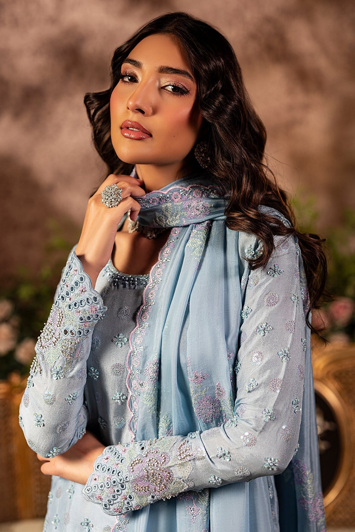 Mina Kashif | Loona Lawn 25 | Sapphire M Light Blue Gray Pure Tussar Silk