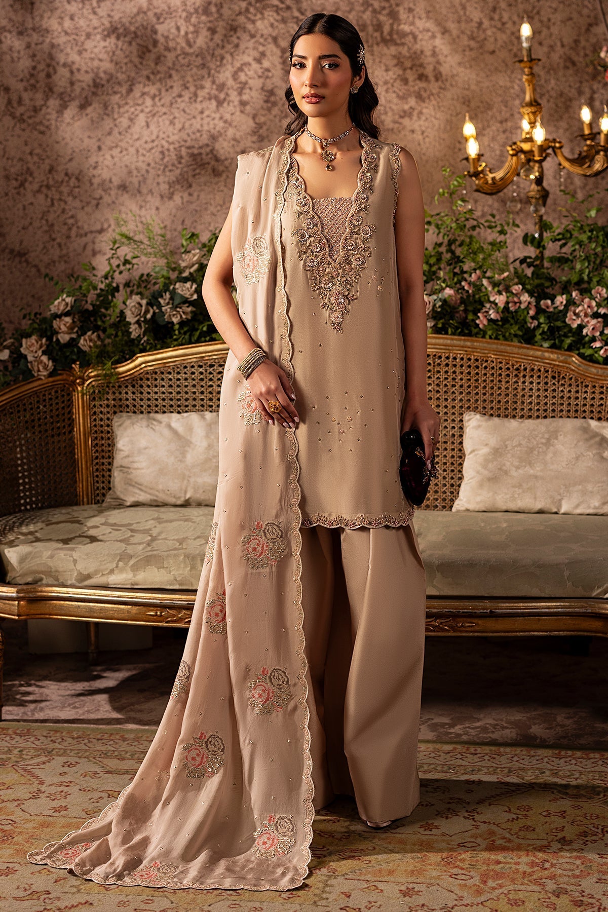 Mina Kashif | Loona Lawn 25 | Garnet L Beige Tussar Silk