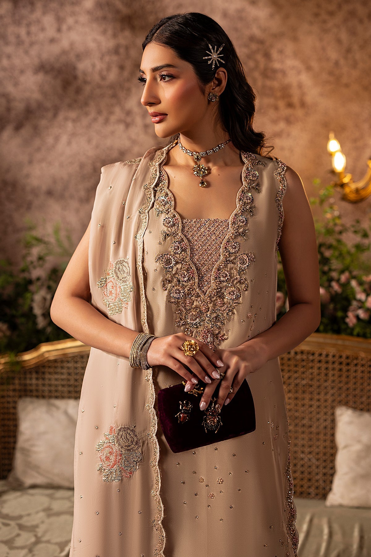 Mina Kashif | Loona Lawn 25 | Garnet M Beige Tussar Silk