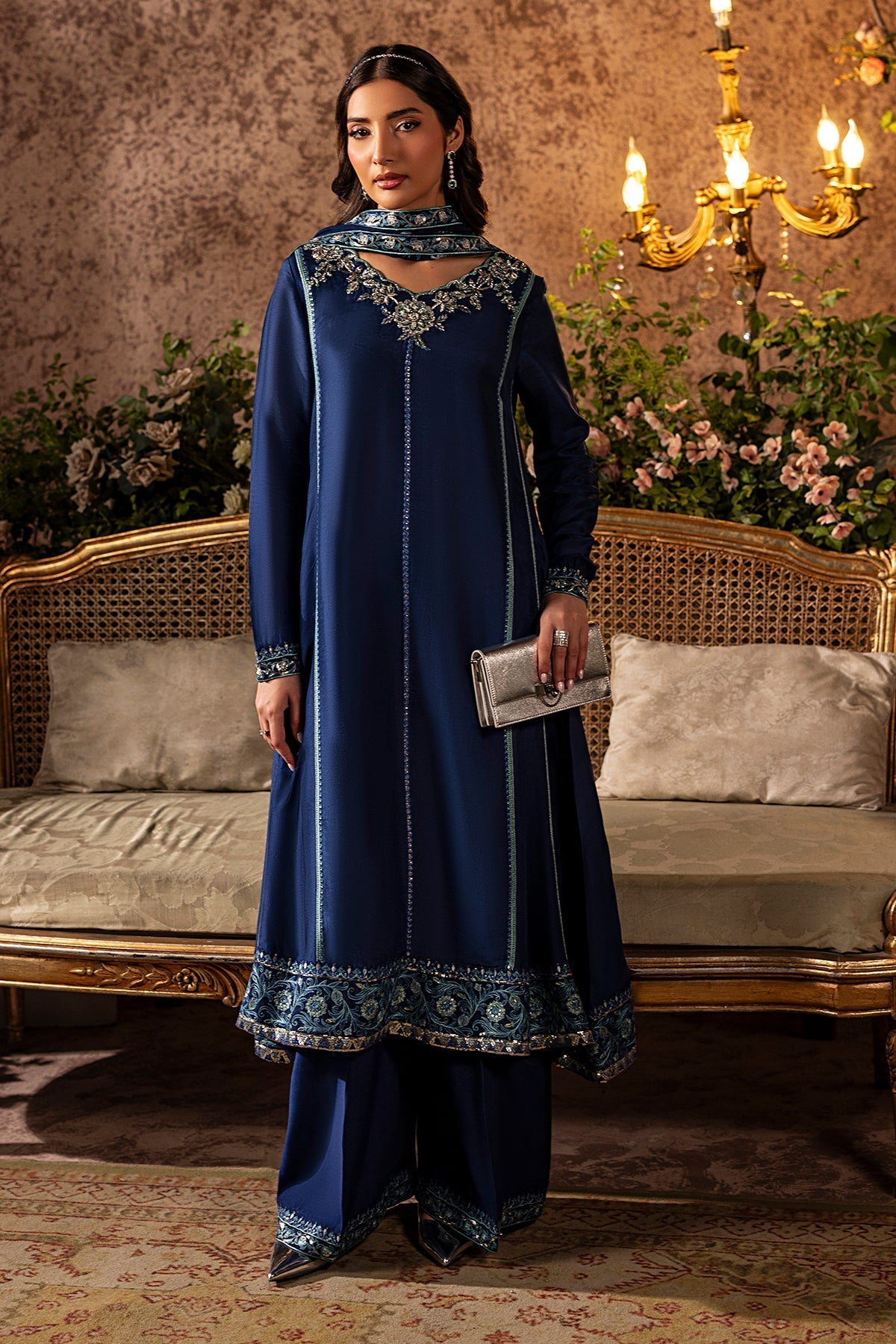 Mina Kashif | Loona Lawn 25 | Midnight XS Deep Blue Tussar Silk