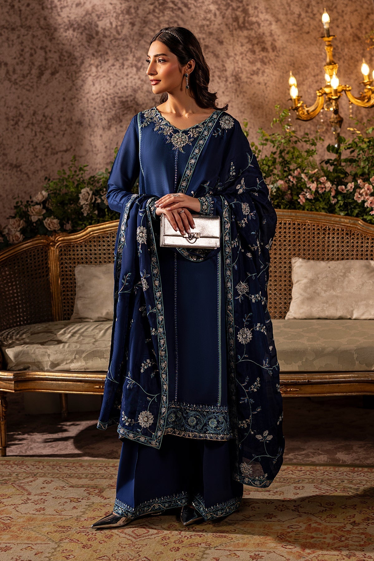Mina Kashif | Loona Lawn 25 | Midnight Custom Size Deep Blue Tussar Silk