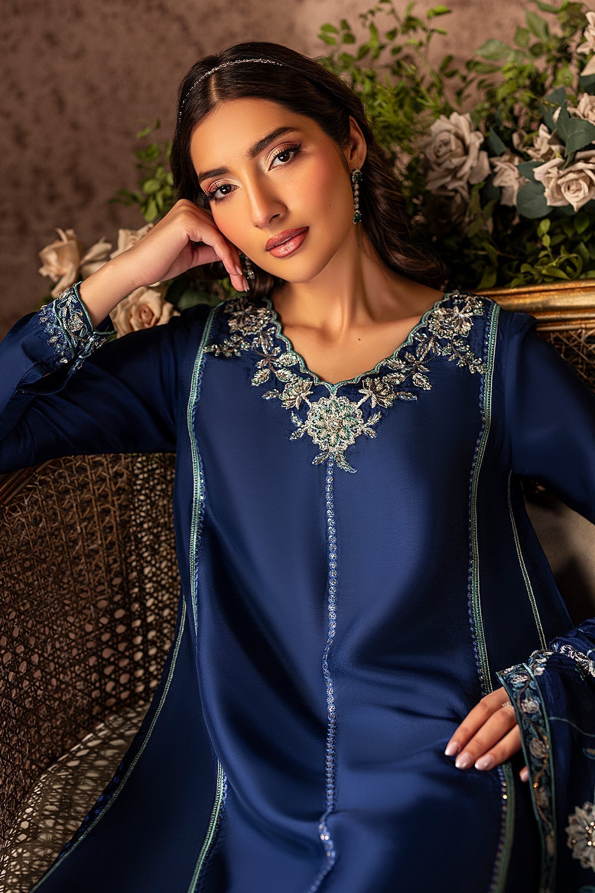 Mina Kashif | Loona Lawn 25 | Midnight M Deep Blue Tussar Silk