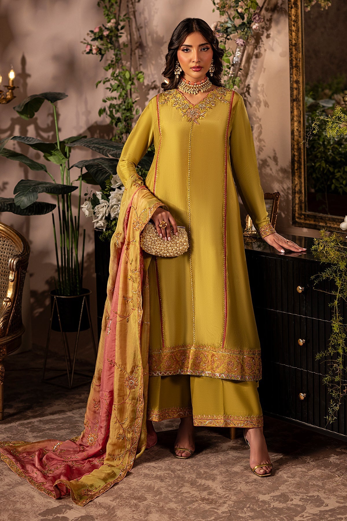 Mina Kashif | Loona Lawn 25 | Topaz XS Old Gold Tussar Silk