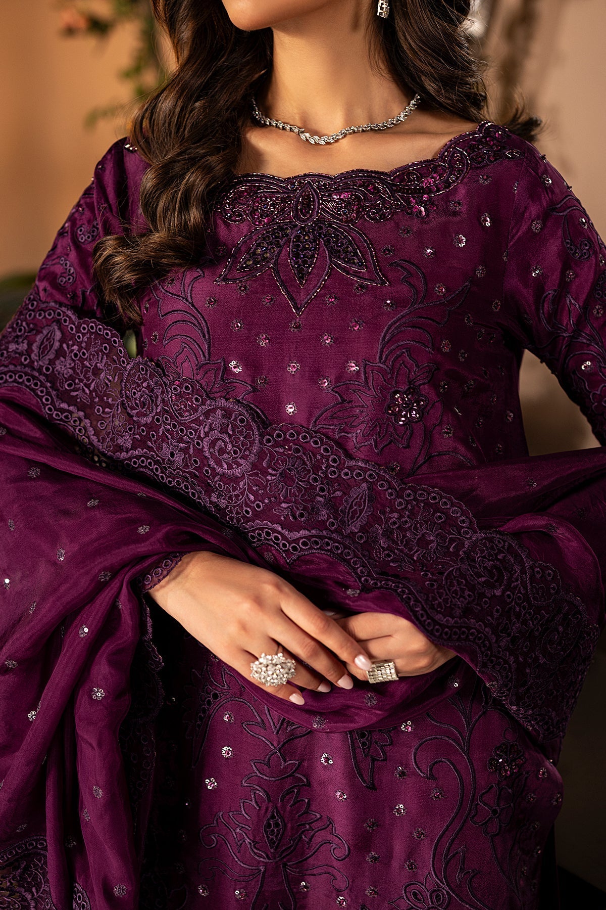 Mina Kashif | Loona Lawn 25 | Jade M Dark Purple Tussar Silk