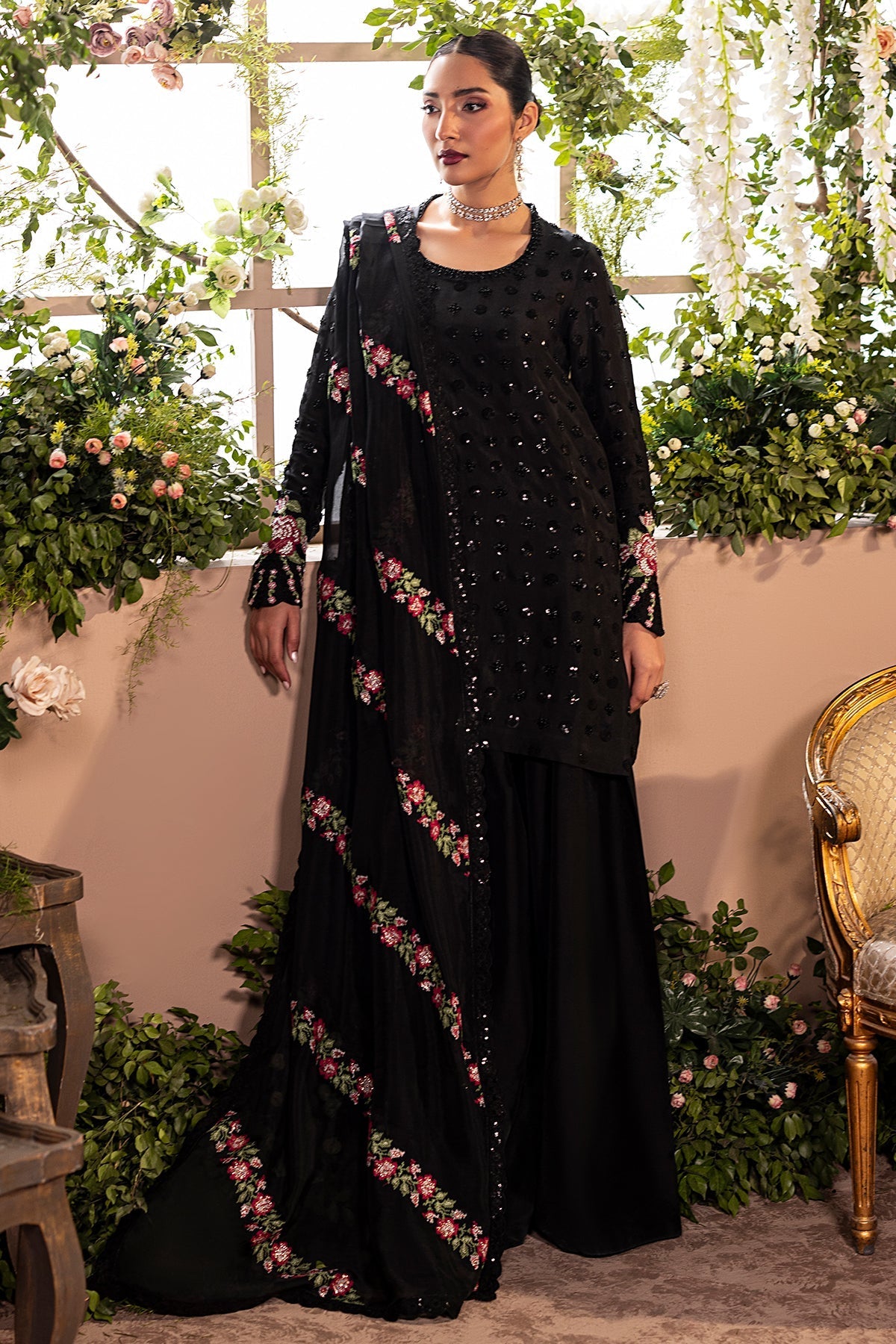 Mina Kashif | Loona Lawn 25 | Opal XS Black Pure Tussar Silk