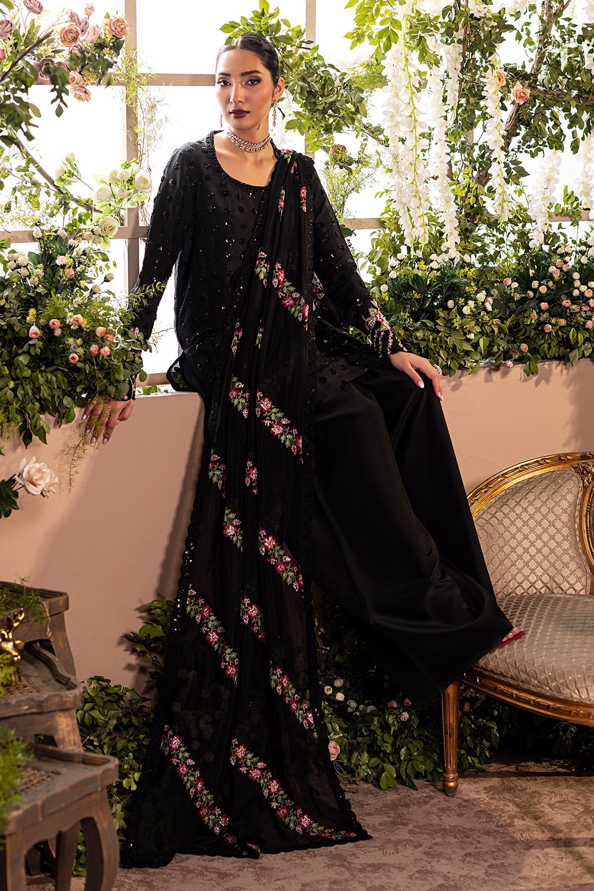 Mina Kashif | Loona Lawn 25 | Opal Custom Size Black Pure Tussar Silk