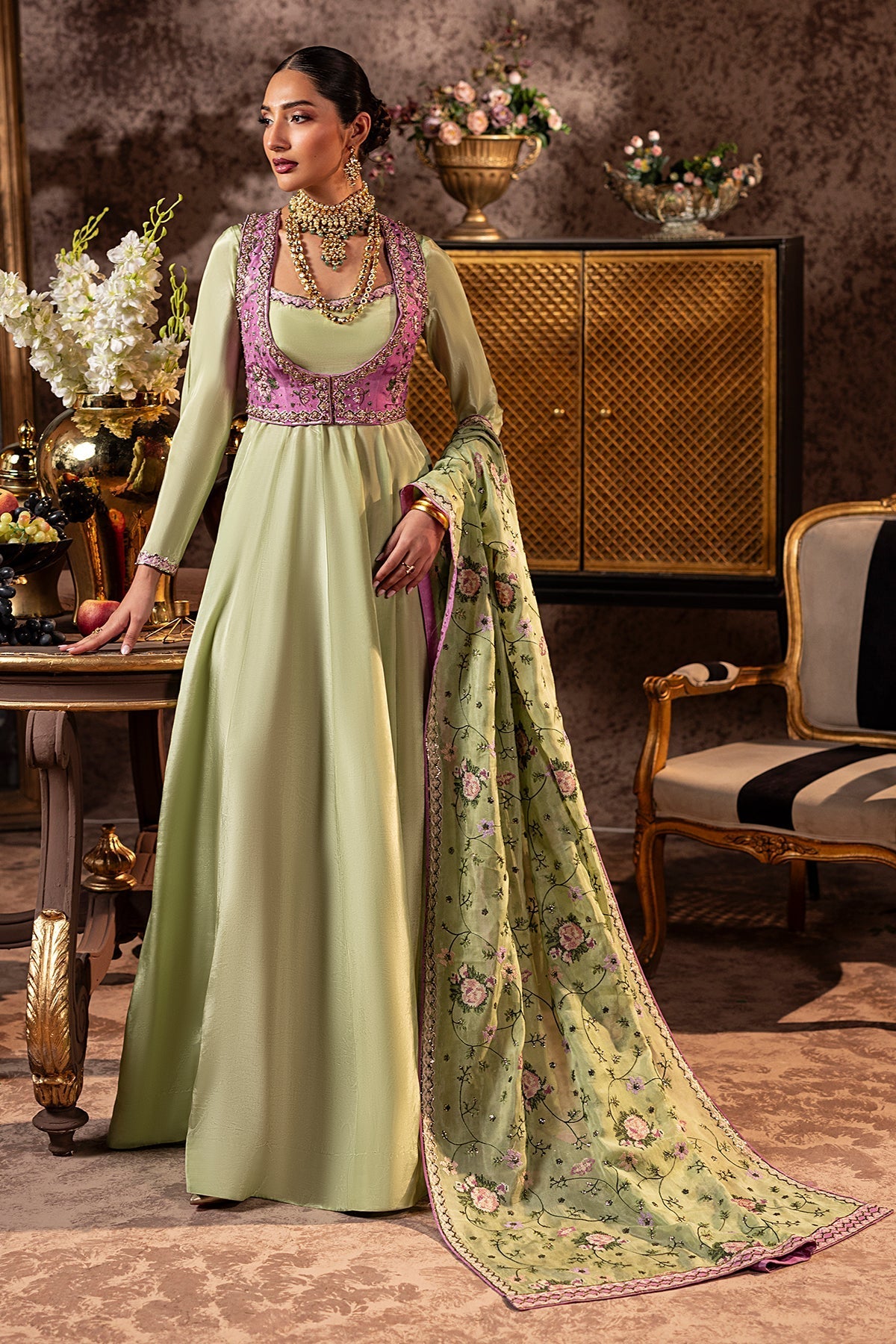 Mina Kashif | Loona Lawn 25 | Elan XS Apple Green Roman Silk