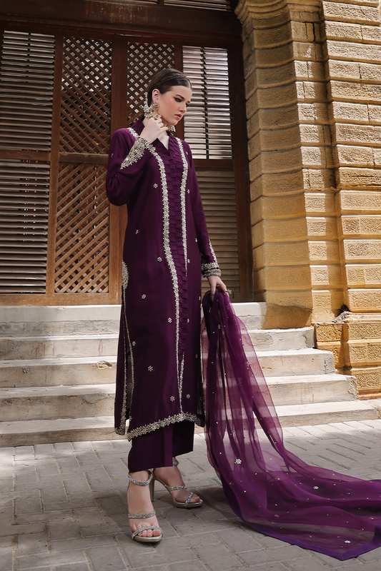 Mona Imran | Dilzaib Formals | Haya XS Dark Plum Sheesha Silk