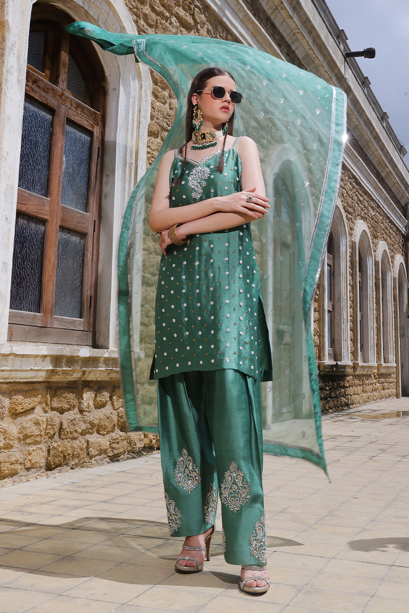 Mona Imran | Dilzaib Formals | Romesa M Teal Green