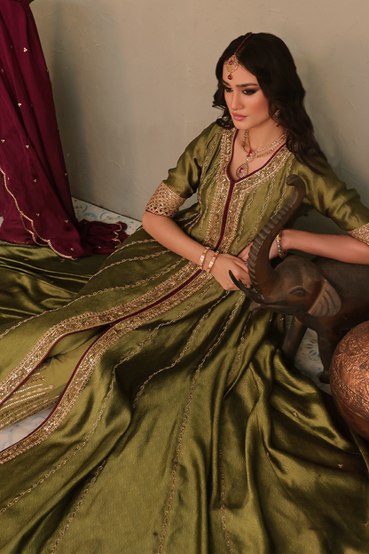Mona Imran | Dilzaib Formals | Heer Custom Size Dark Mehndi Pure Sheesha Silk