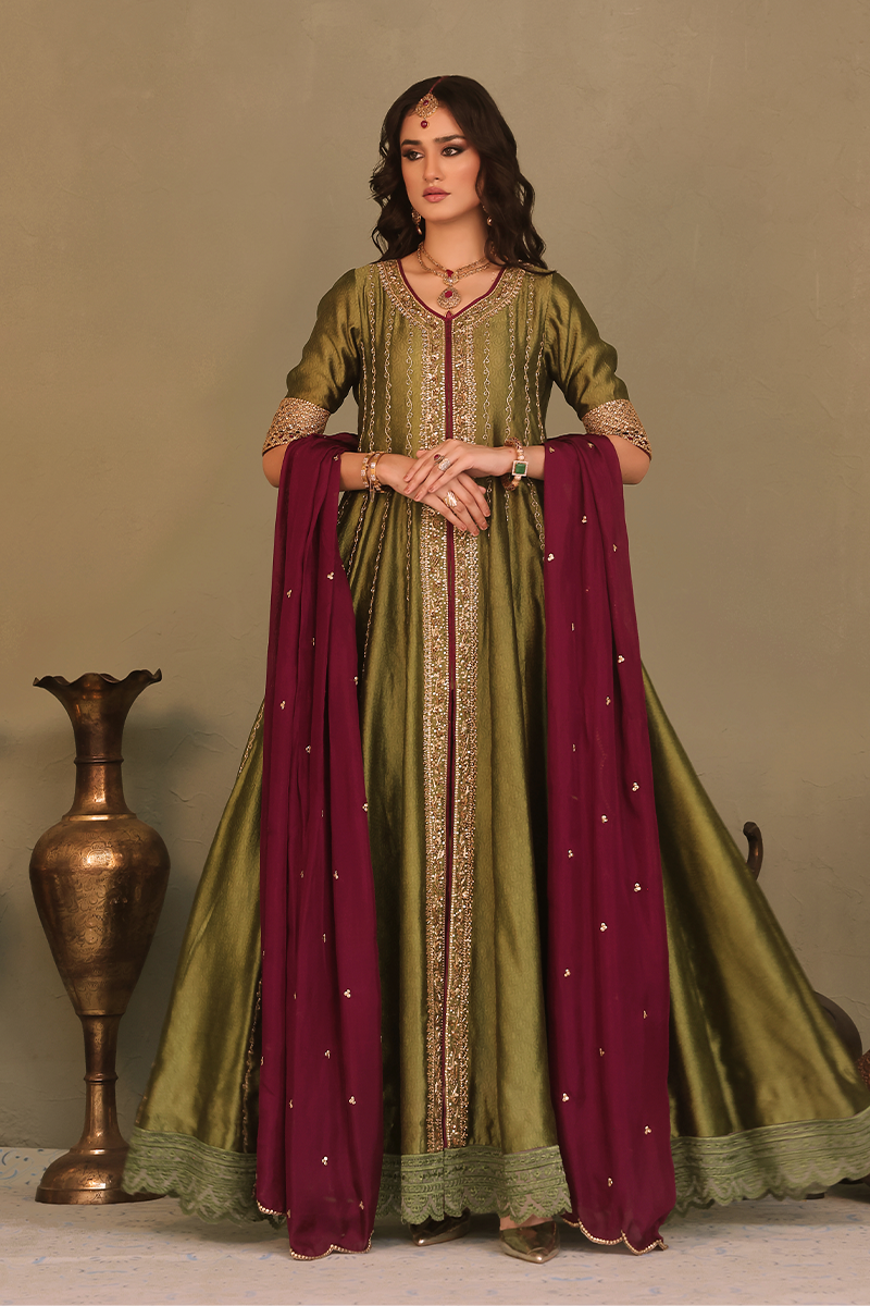 Mona Imran | Dilzaib Formals | Heer XS Dark Mehndi Pure Sheesha Silk