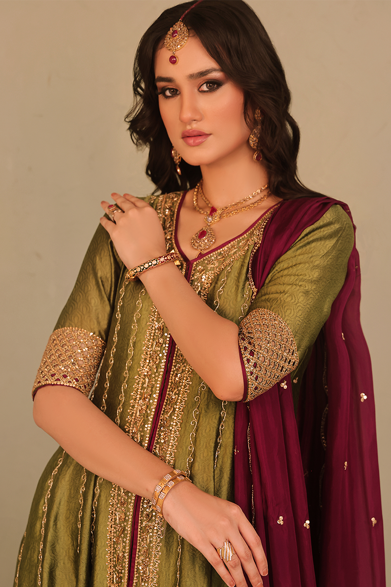Mona Imran | Dilzaib Formals | Heer XL Dark Mehndi Pure Sheesha Silk
