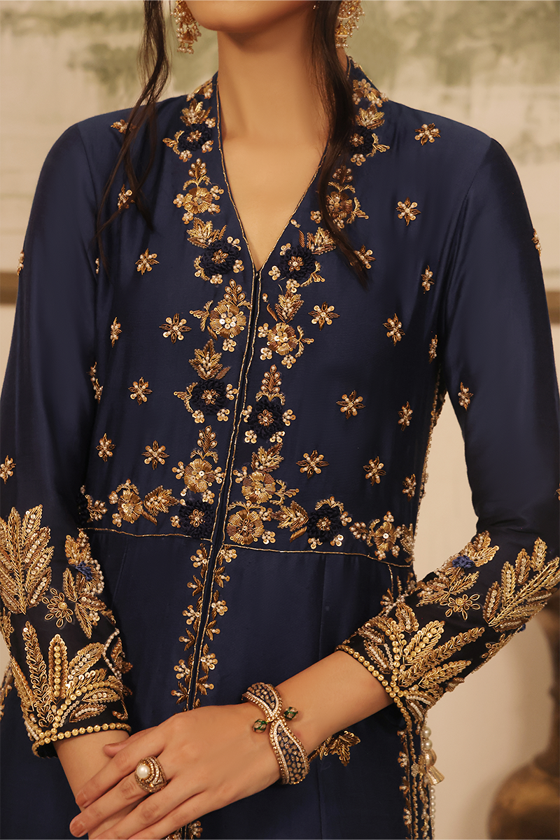 Mona Imran | Dilzaib Formals | Neelam Custom Size Navy Blue Pure Sheesha Silk