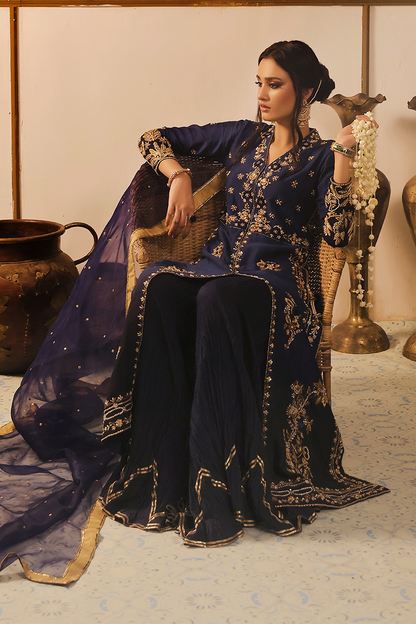 Mona Imran | Dilzaib Formals | Neelam L Navy Blue Pure Sheesha Silk