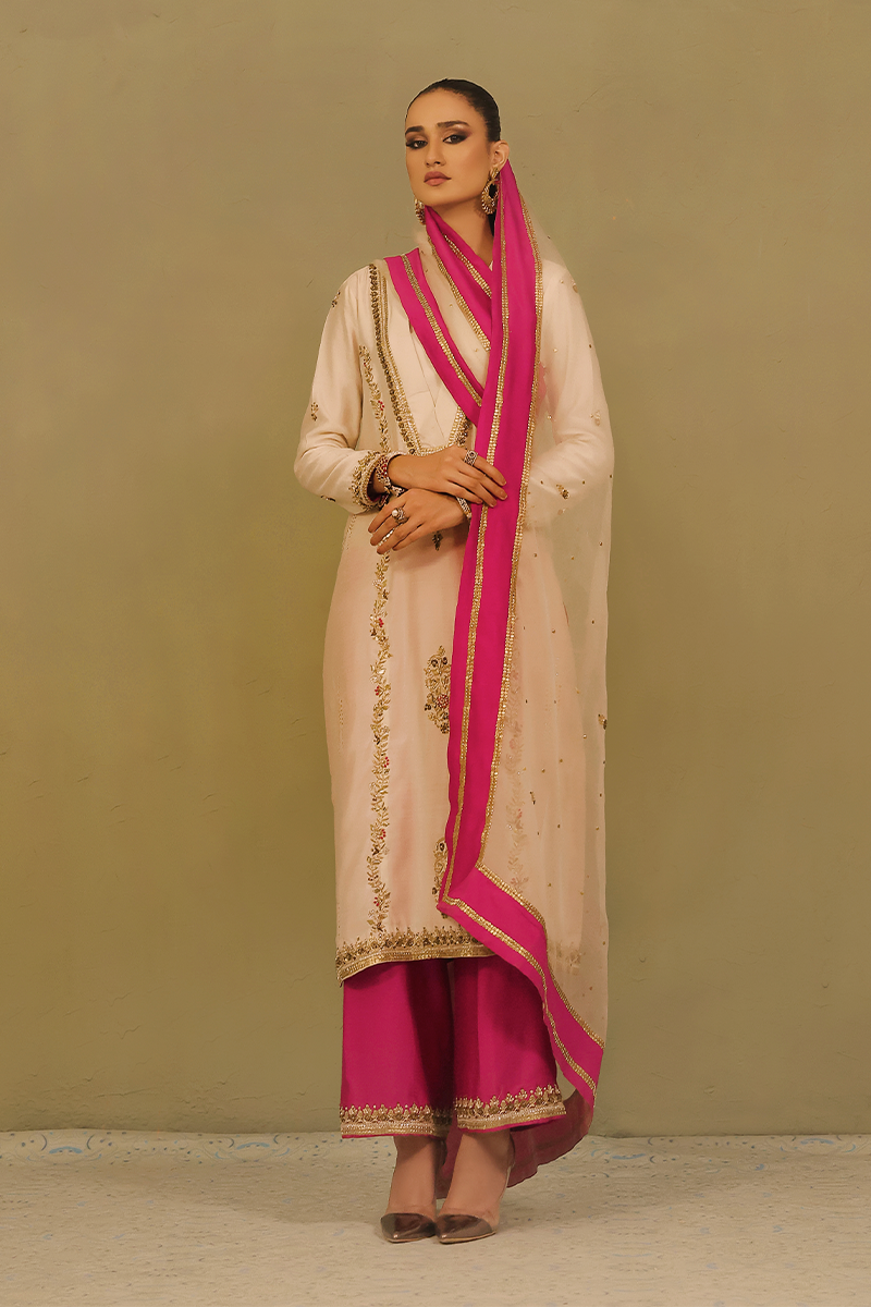 Mona Imran | Dilzaib Formals | Sahiba Custom Size Ivory Pure Sheesha Silk
