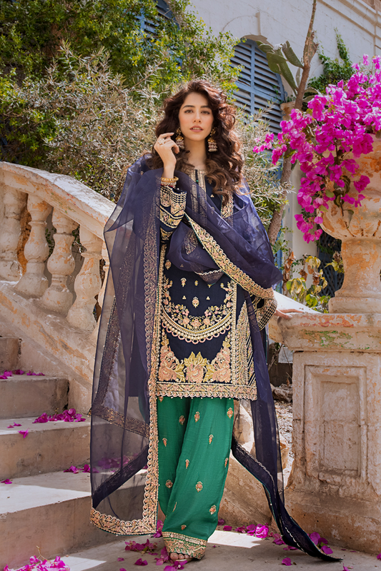 Erum Khan | Umaima Eid Edit | ANABIA XS Navy Blue Raw Silk
