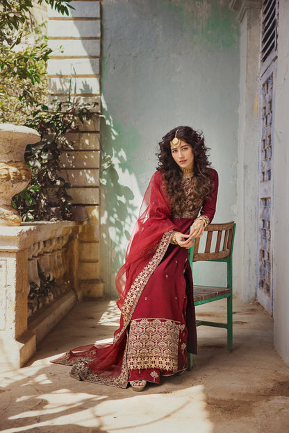 Erum Khan | Umaima Eid Edit | RUMMAISA Custom Size Maroon Raw Silk