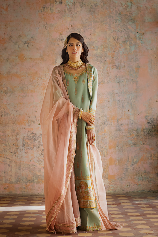Erum Khan | Umaima Eid Edit | DARAKSHAN XS Sage Green Raw Silk