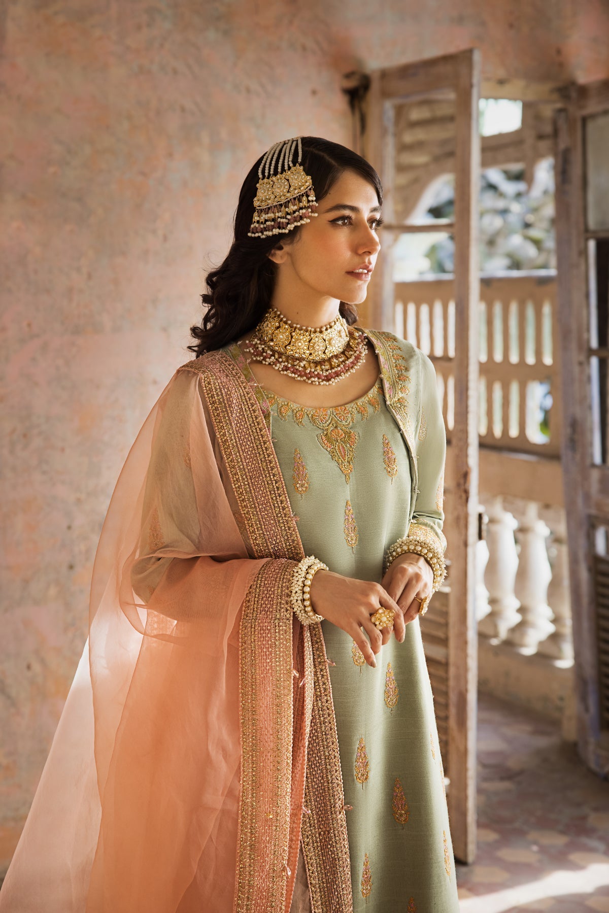 Erum Khan | Umaima Eid Edit | DARAKSHAN L Sage Green Raw Silk