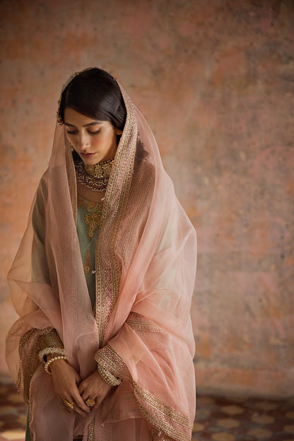 Erum Khan | Umaima Eid Edit | DARAKSHAN XL Sage Green Raw Silk