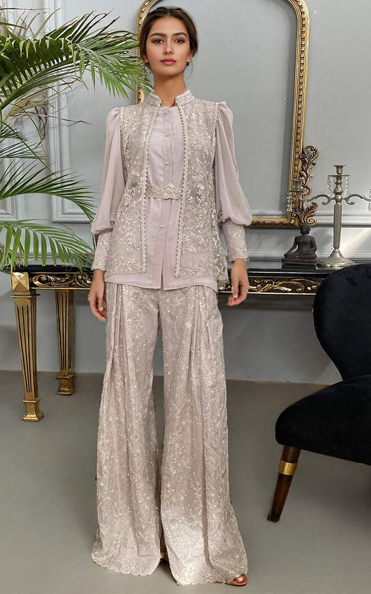 Threads and Motifs | Formal Dresses 25 | Net Embroidered Jacket With Chiffon Shirt And Embroidered Trouser - Pakistani Designer Dress - by Threads and Motifs - Type : Ladies Clothes - 100% Original at Saira Sultan