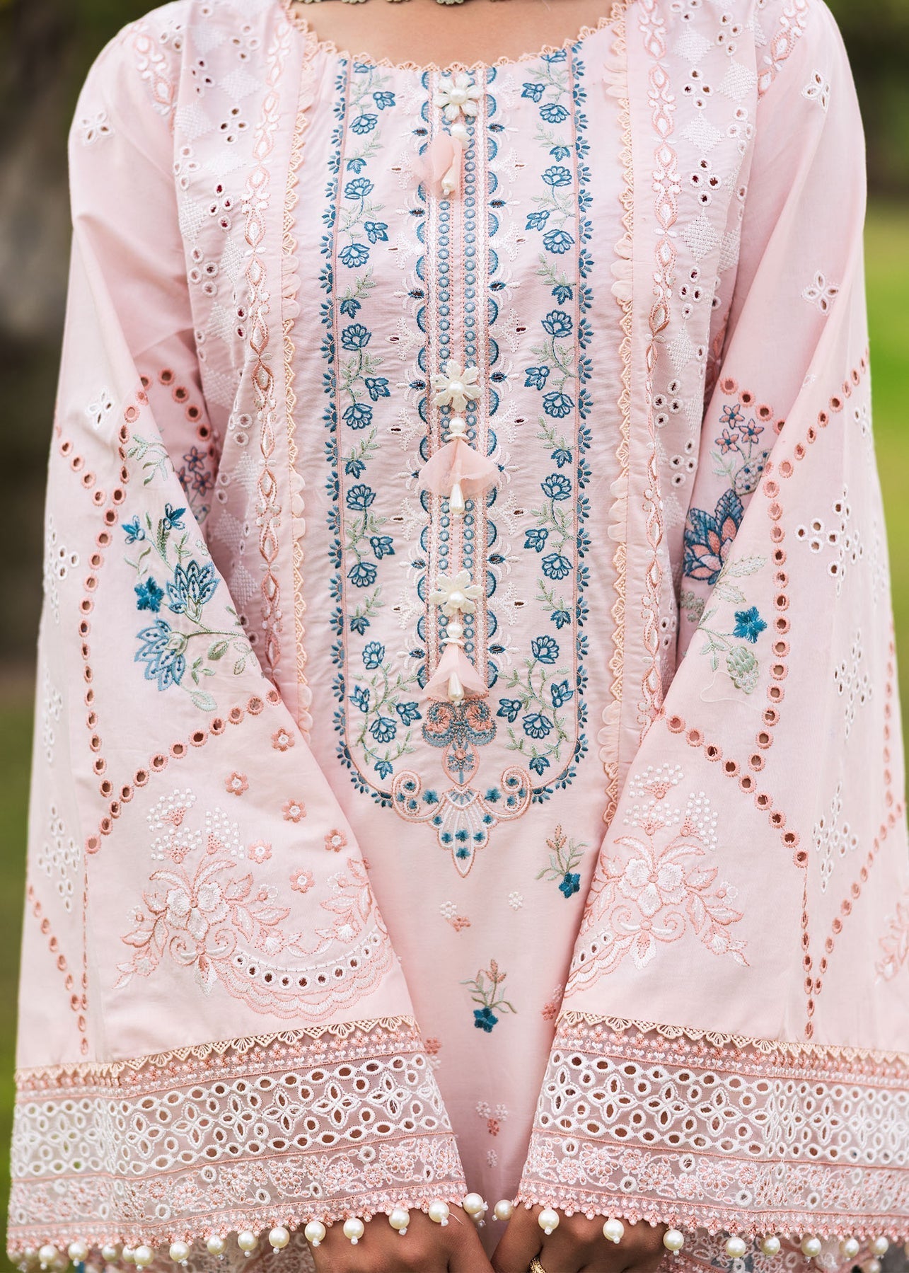 Paras by Pasha | Bloom and Beyond | Coral Bloom Custom Size Pale Peach Chikankari Lawn