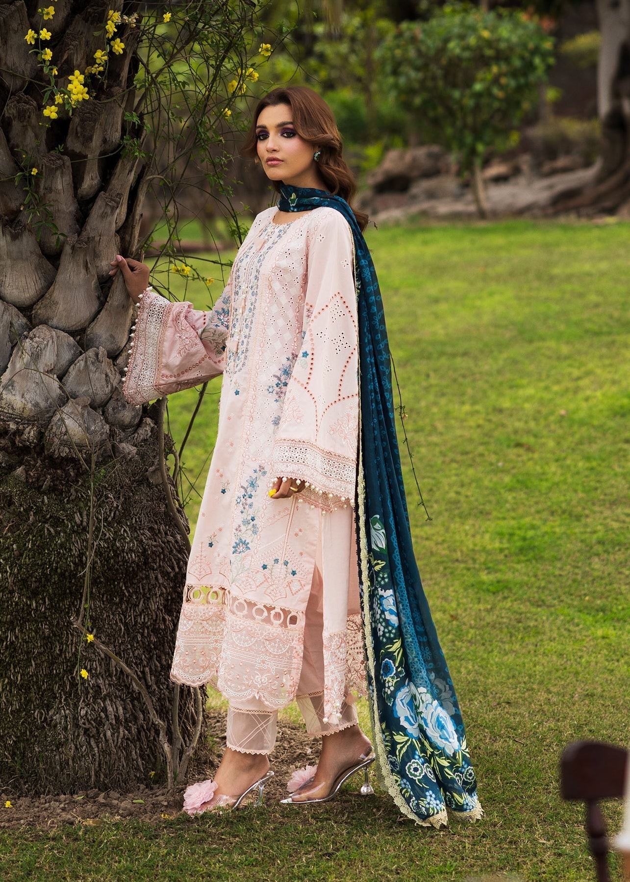 Paras by Pasha | Bloom and Beyond | Coral Bloom L Pale Peach Chikankari Lawn