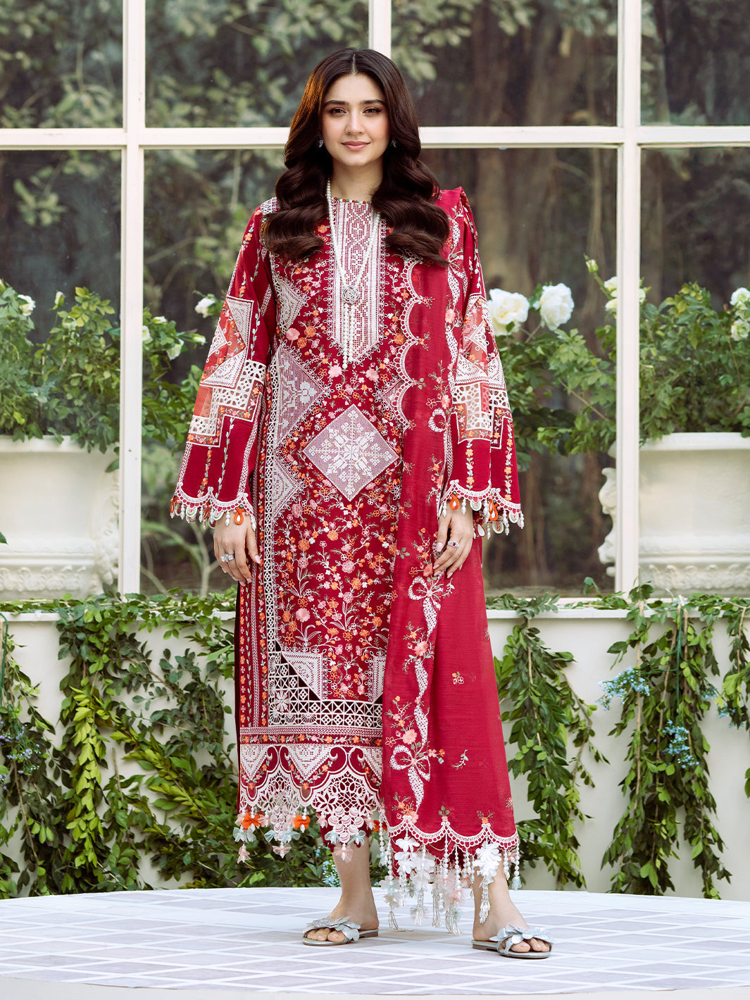 Bin Ilyas | Freesia Embroidered Lawn 25 | 103 - A XS Red Lawn