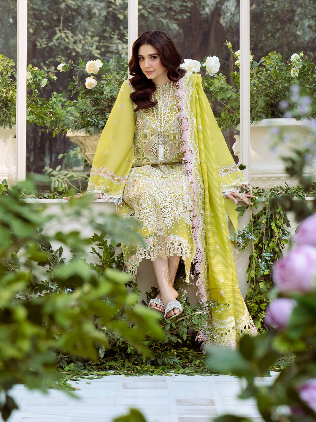 Bin Ilyas | Freesia Embroidered Lawn 25 | 105 - A Custom Size Lime Lawn