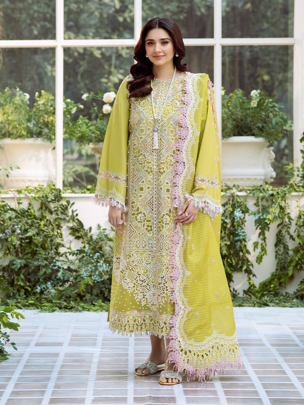 Bin Ilyas | Freesia Embroidered Lawn 25 | 105 - A XS Lime Lawn