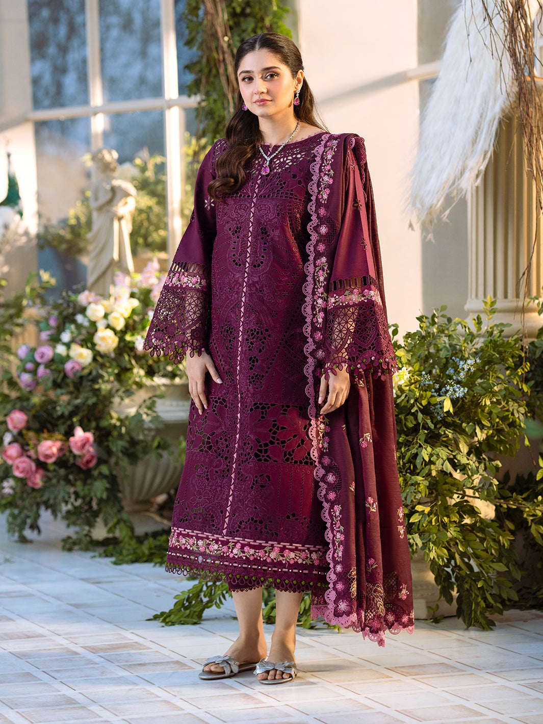 Bin Ilyas | Freesia Embroidered Lawn 25 | 106 - A XS Wine Berry Lawn