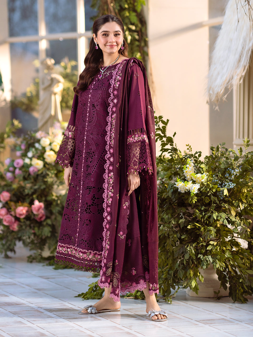 Bin Ilyas | Freesia Embroidered Lawn 25 | 106 - A Custom Size Wine Berry Lawn
