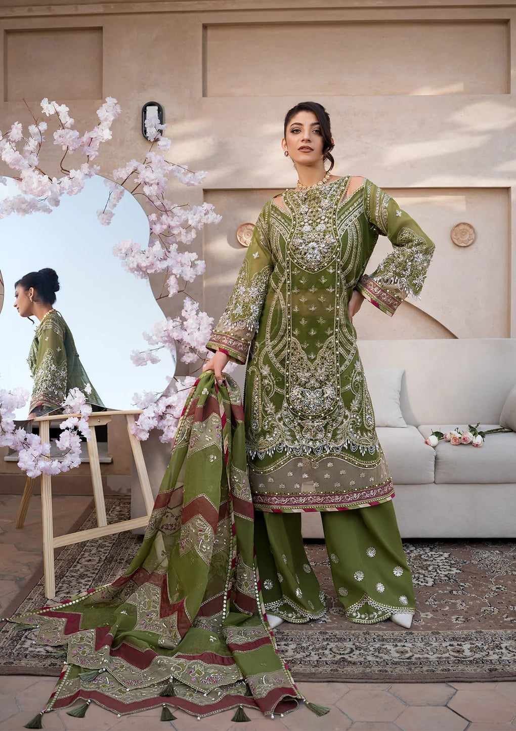 Elaf Premium | Formal Handwork Collection | EFH-08 PARWAANA XL Olive Green Organza