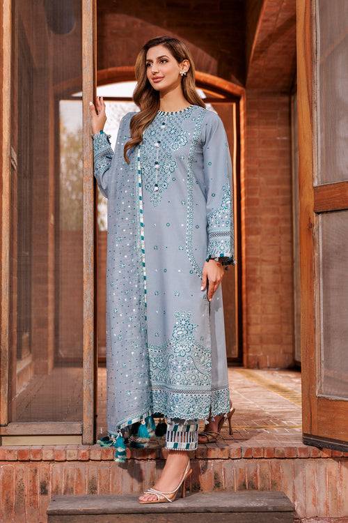 Farasha | Dastoor Embroidered Lawn SS24 | BERYL GREY - Pakistani Designer Dress - by Farasha | Type: Luxury - 100% Original at Saira Sultan