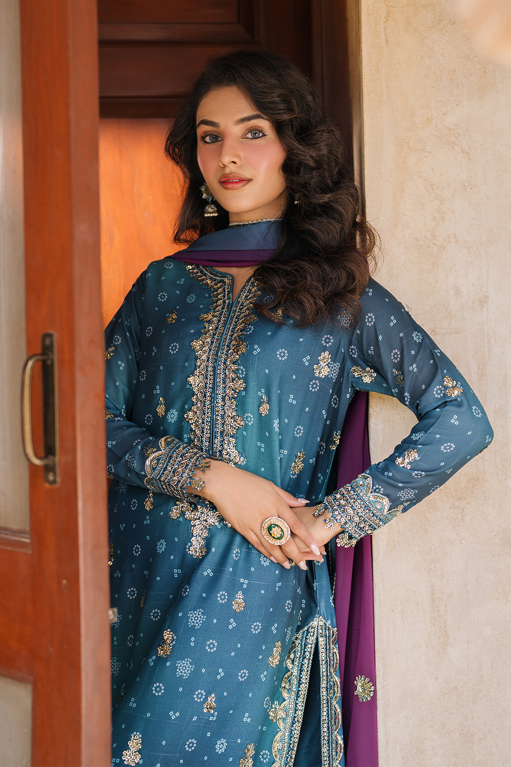 Iznik | Bandhani Formals | UE-335 Custom Size Teal Blue Chiffon