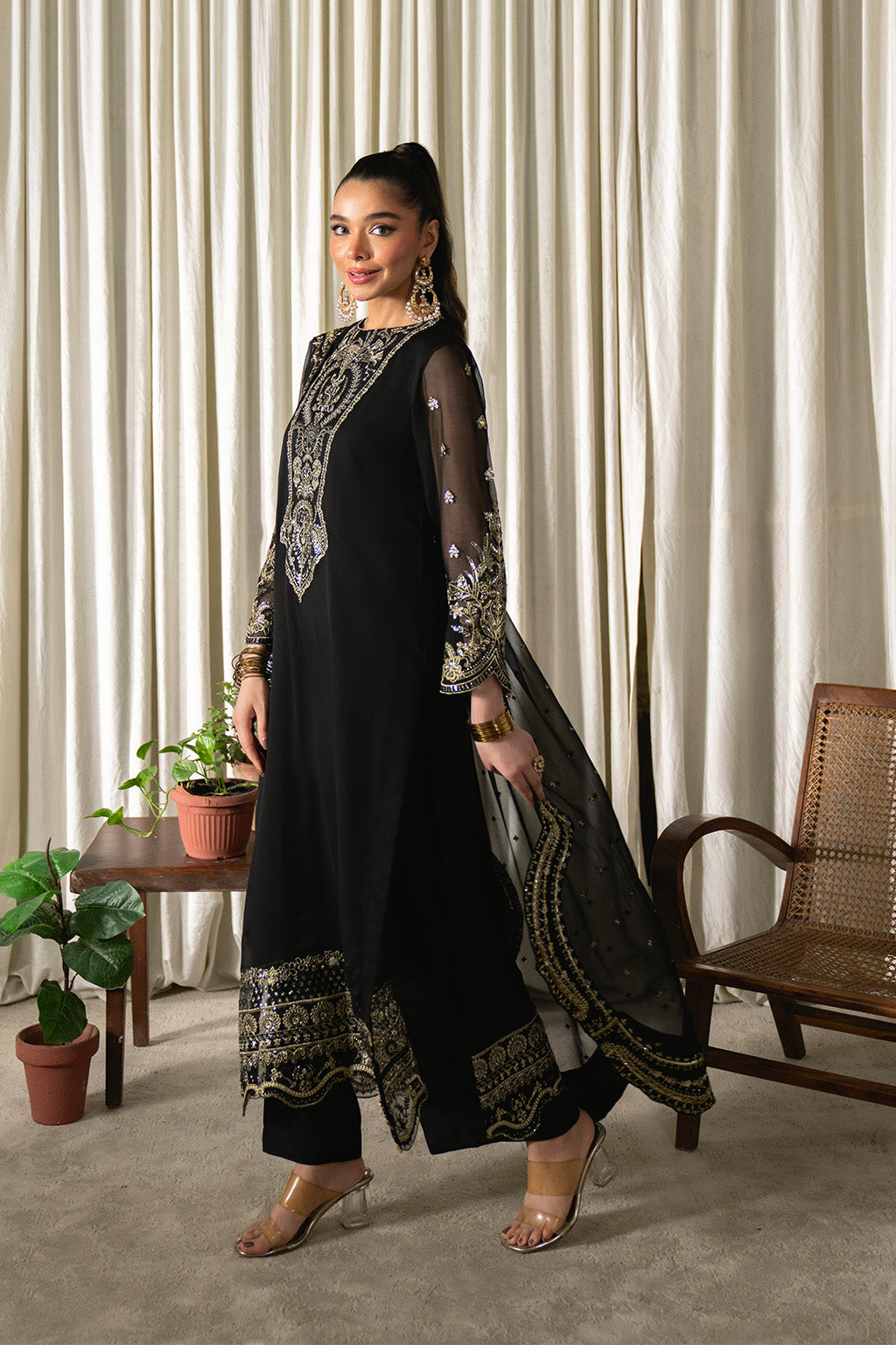 Neeshay | Ready to Wear Chiffon | RTW-CHFN-03 Black - Pakistani Designer Dress - by Neeshay - Type : Ladies Clothes - 100% Original at Saira Sultan