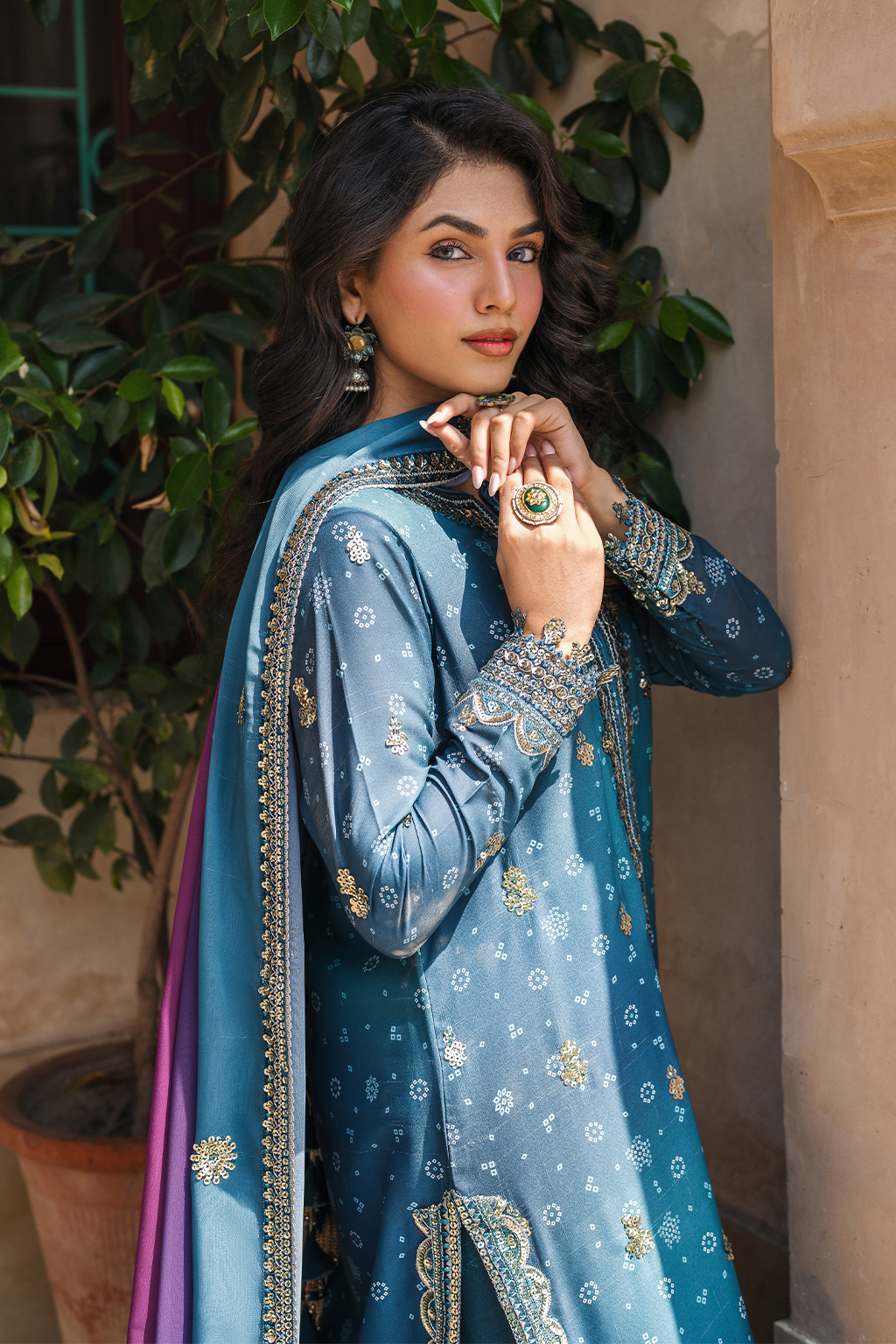 Iznik | Bandhani Formals | UE-335 XL Teal Blue Chiffon